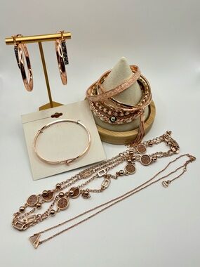 Rose Gold Womens Jewelry Set - Stackable Bangles, Hoop Earrings & Necklaces